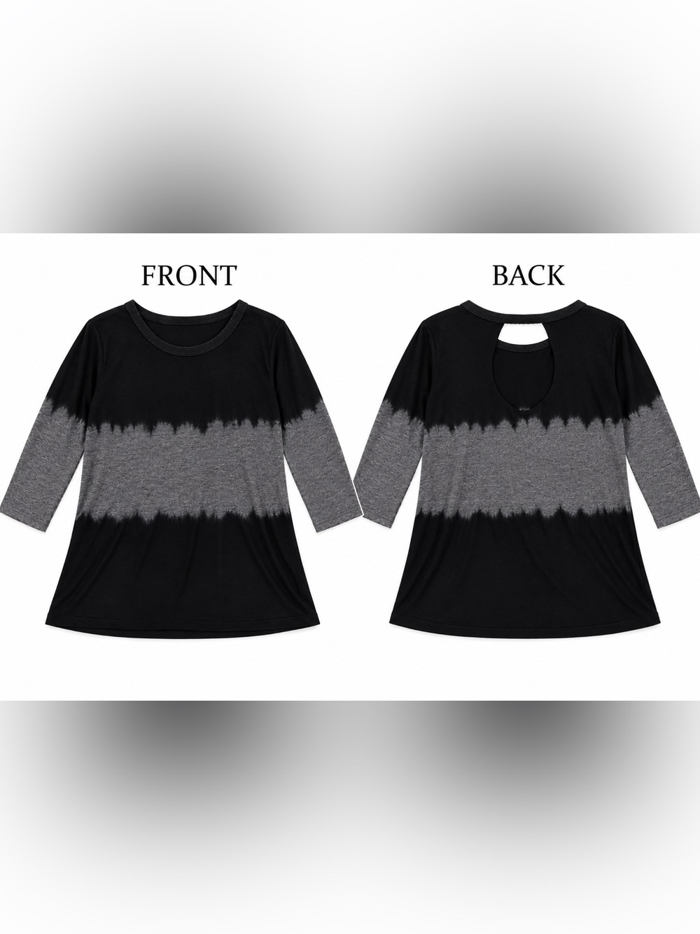Gilded Intent Black and Gray 3/4 Sleeve Scoop Neck Tie Dye Top - Size L